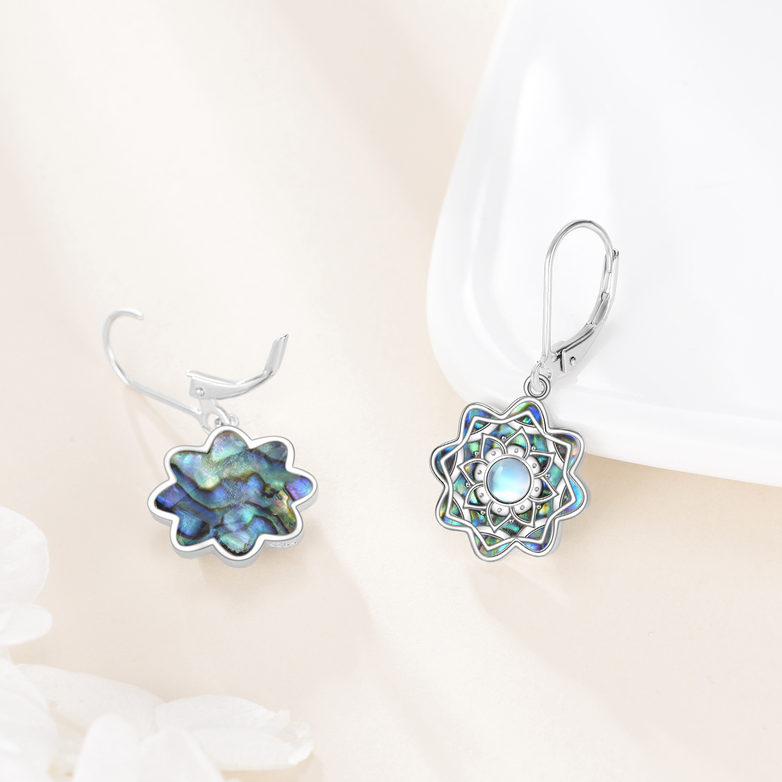 Women's 925 Sterling Silver Moonstone Lotus Flower Dangle Earrings